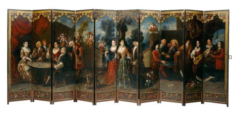 Folding screen depicting a group of Mexican artists at a garden party.