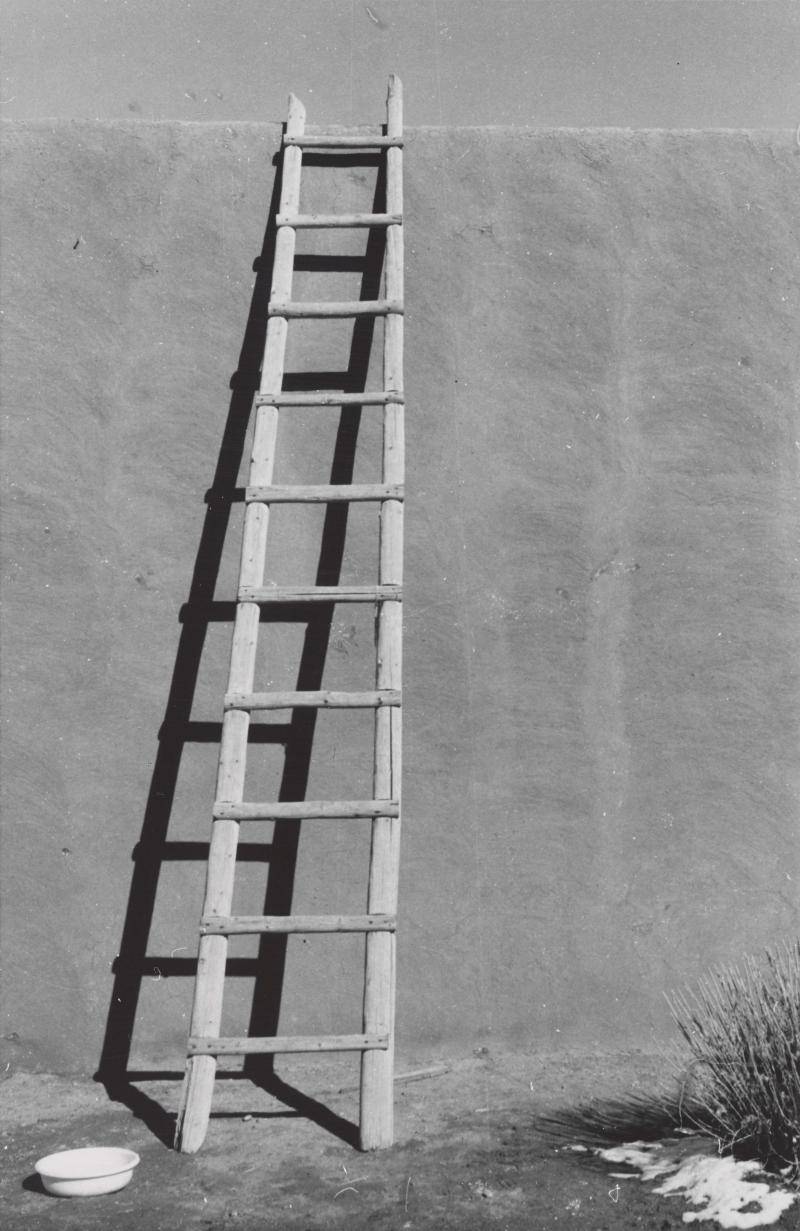 Fotografía en blanco y negro de una escalera apoyada sobre una pared de cemento arrojando una sombra