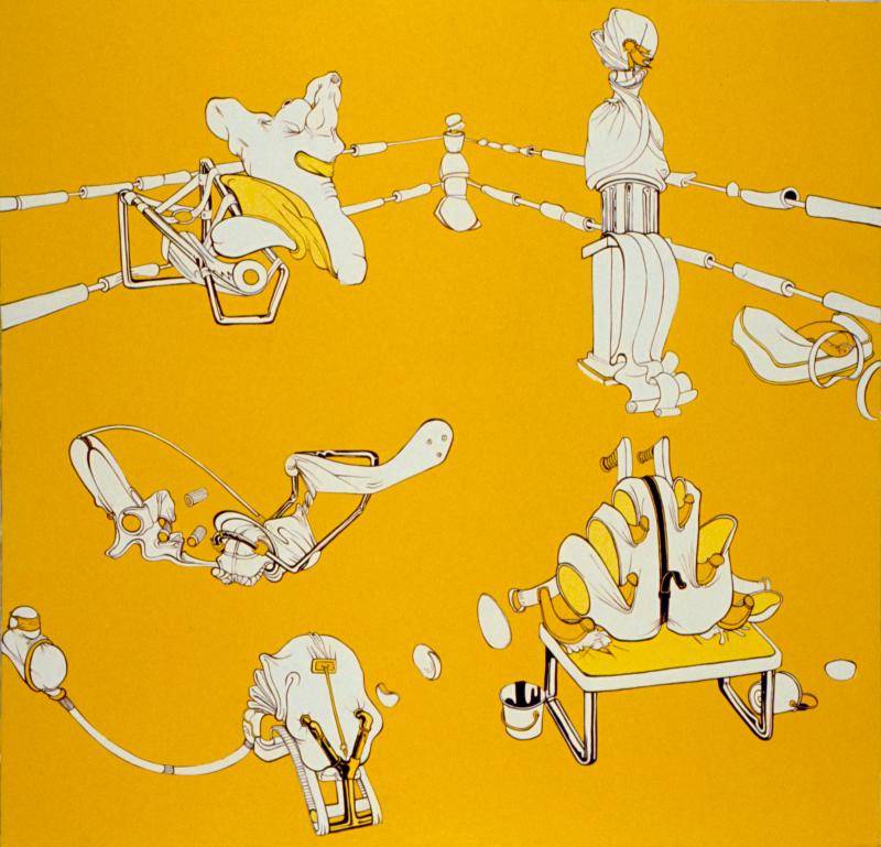 Pintura amarilla con gráficos caricaturescos en blanco que representan la cirugía plástica