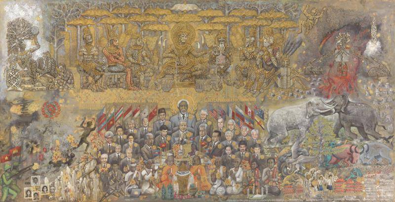 Multilayered canvas depicting historical events in Cambodia.