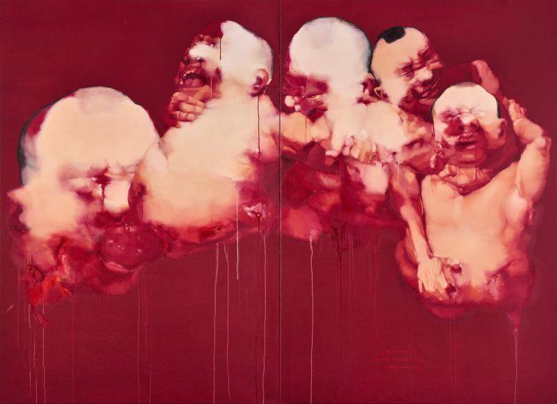 Pintura al óleo abstracta donde se representan cuerpos de bebés llorando