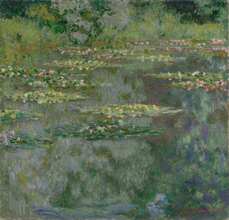 Monet painting of a green and murky pond filled with waterlilies