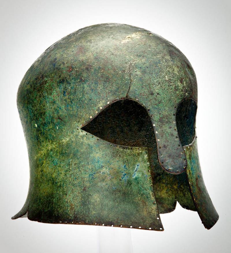 Green rusted Corinthian helmet made out of steel