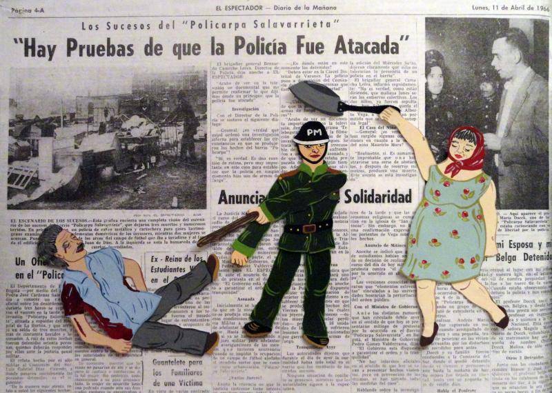 Cartoonish figures set against realistic newspapers displaying headlines of police propaganda
