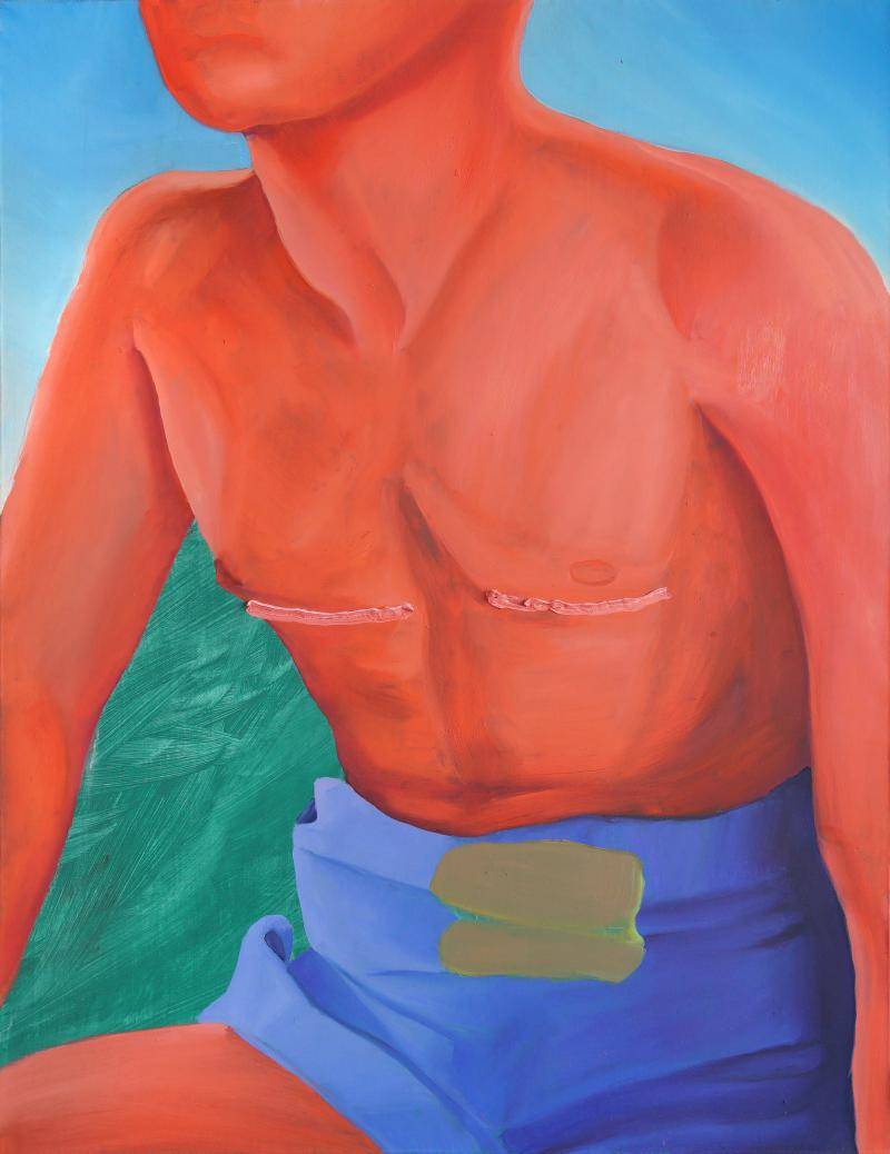 Painting of a close-up of a man's chest, with his face half hidden