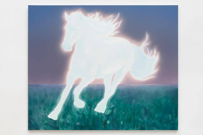 Painting of a galloping white horse in a neon hazy landscape