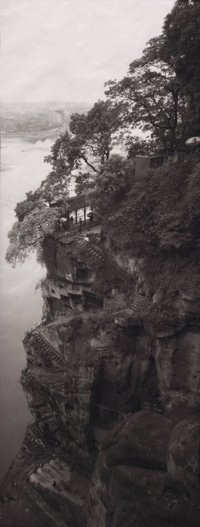 Tall slim black and white photograph of a tree in China