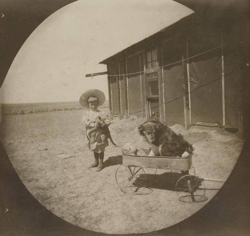 Old photograph of a child, a wagon, and a dog