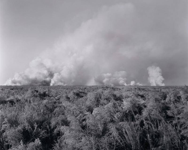 Black and white photograph of a field with a fire and smoke in the distance