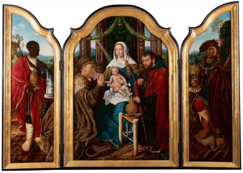 Triptych featuring a baby being worshipped in the center, flanked by two men on opposite sides watching over