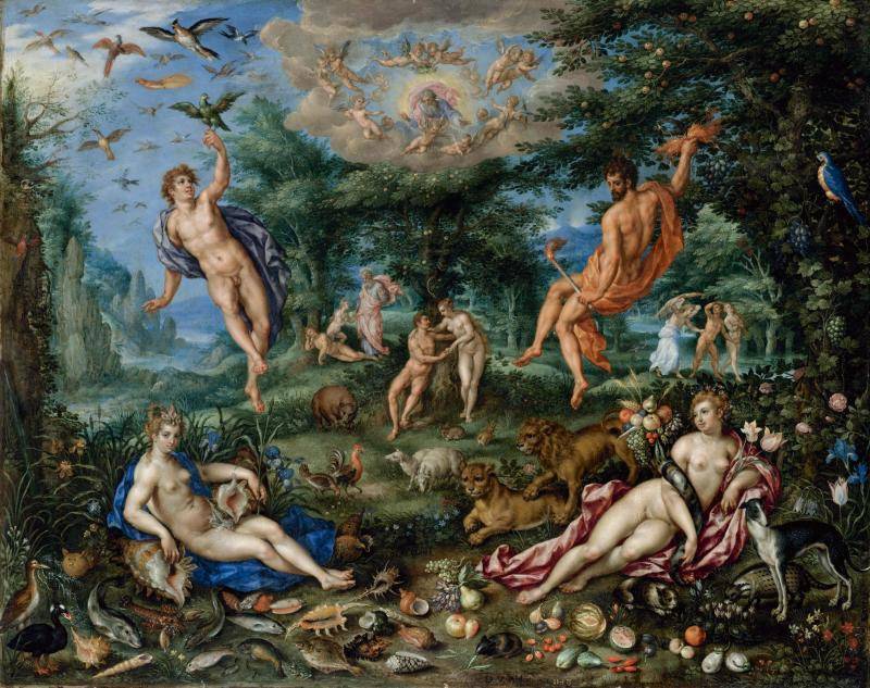 Naked humans and animals in repose in the garden of Eden