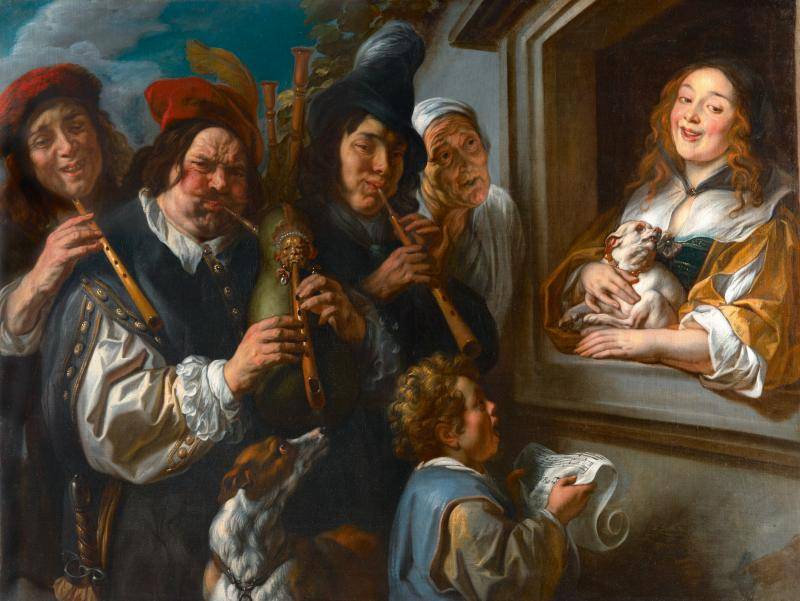 Group of men playing the flute to impress a woman, who is holding a dog and smiling
