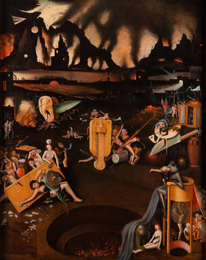 Painting of a nightmarish dark landscape with people and objects strewn about
