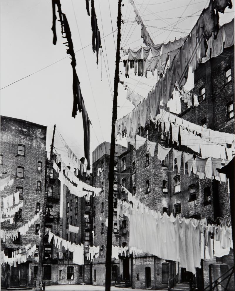 Black and white photograph of tenements in New York City circa 1936