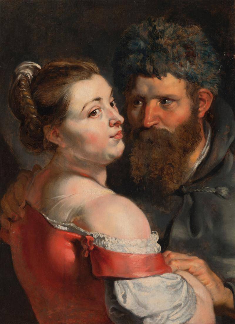 Flemish painting of a woman looking over her shoulder next to a man staring intently at her