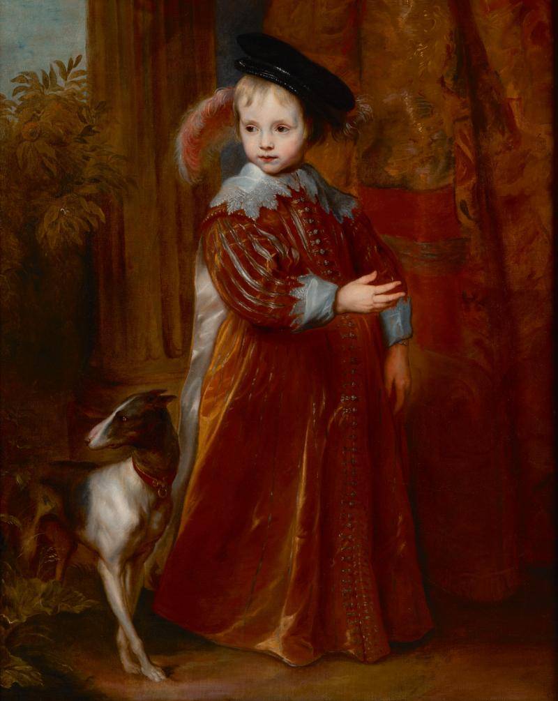 Painting of young William the Orange standing up in a red formal dress clothes