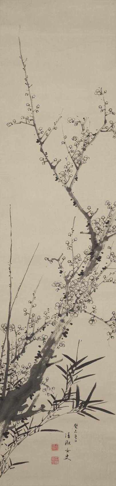 Hanging scroll depiciting an ink drawing of a bamboo tree and its branches