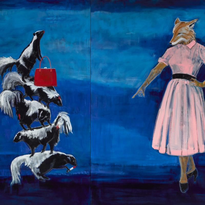'A Little Medicine and Magic' by Julie Buffalohead features five skunks standing on top of one another holding lipstick and purses and fox standing to the right wearing a dress and pointing at the ground. 