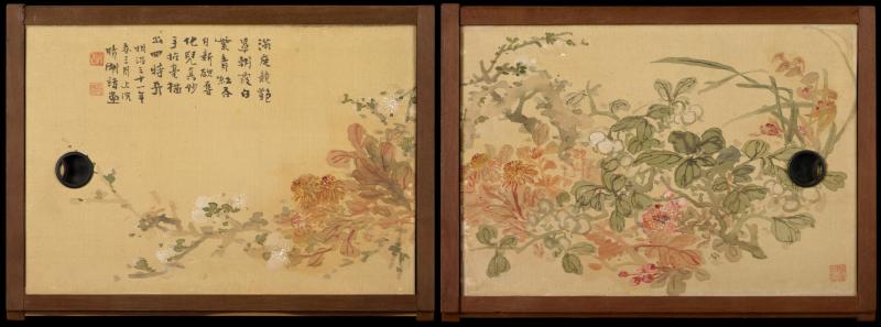Wood cabinet doors featuring an ink and color painting of flowers