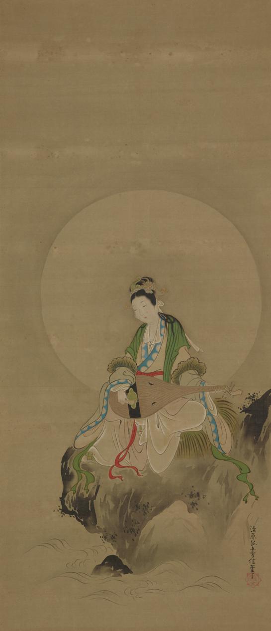 Hanging scroll featuring a ink and color drawing of a Japanese woman