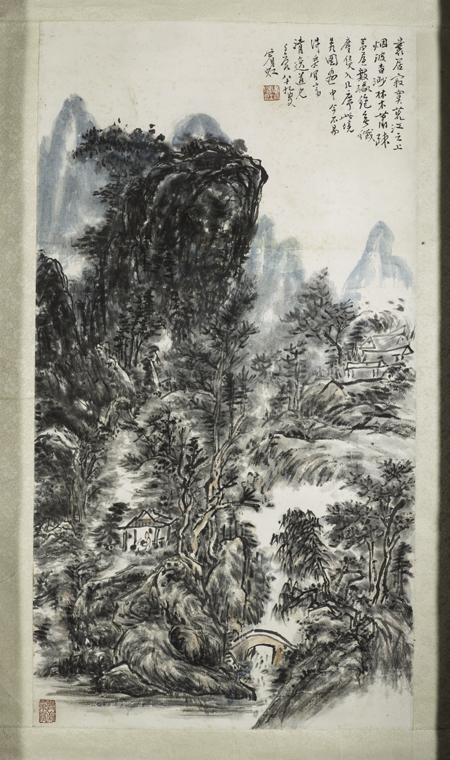 Ink and color scroll depicting a watery forest landscape