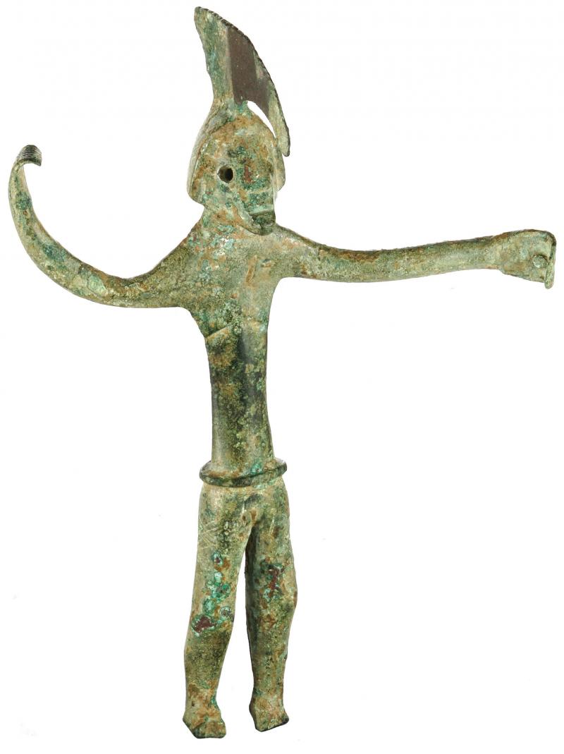Bronze sculpture of a slim helmeted figure with its arms outstretched