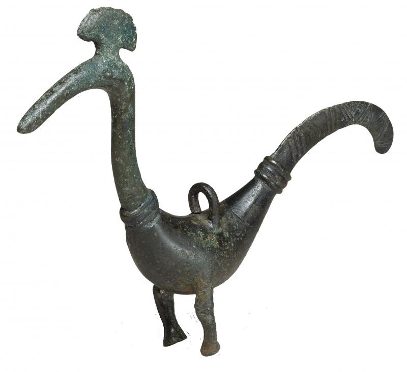Bronze sculpture of a slim birdlike figure 