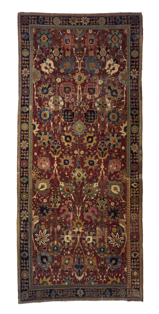 Long rectangular Iranian wool carpet with vase-shaped patterns