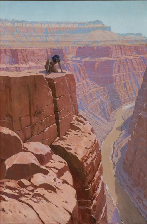 Native American man crouching on the side of a cliff in the red Grand Canyons
