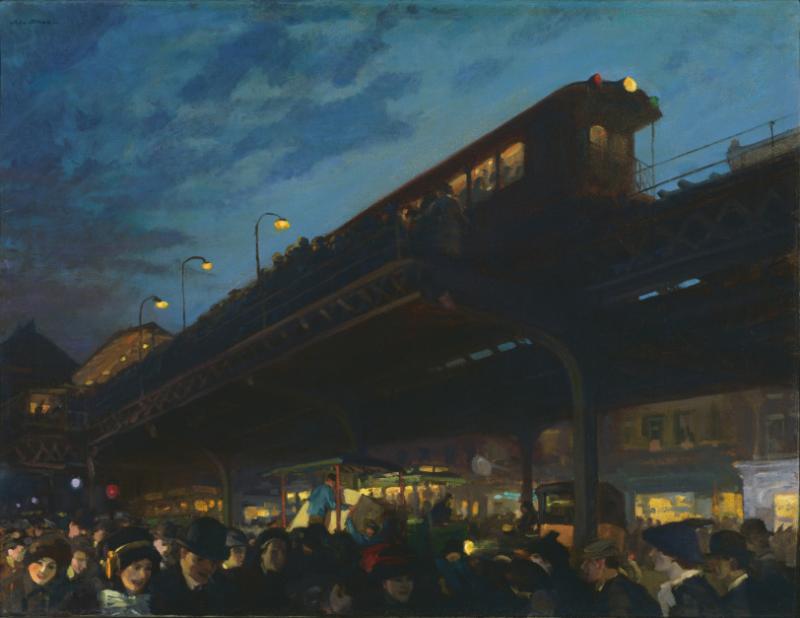 Crowded scene of a mass of people at a train station, with the train running by overhead
