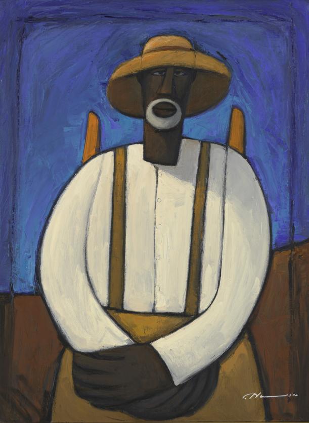 Cubist-abstractionist painting of an African American man standing with folded hands, wearing a tan hat and overalls
