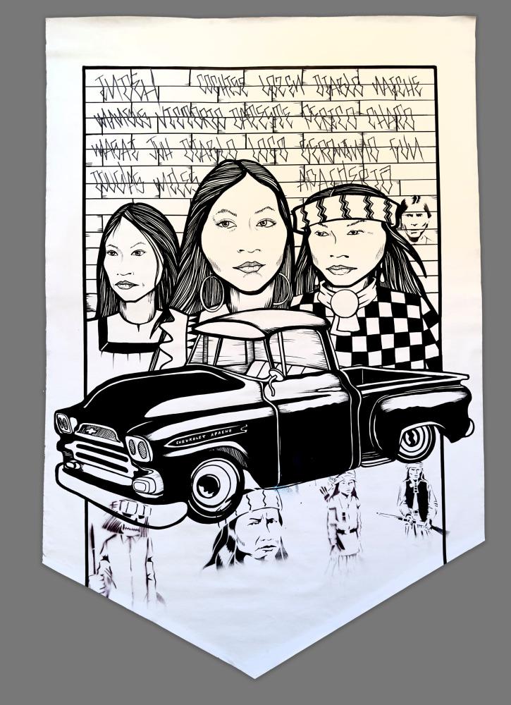 Three figures and a car on an ink on canvas drawing