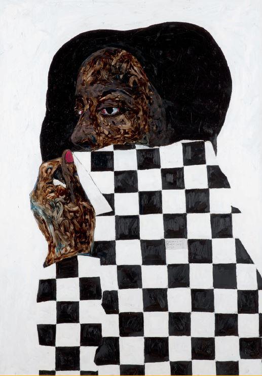 Portrait of a Black woman covering up the bottom of her face with a black and white checkered cloth