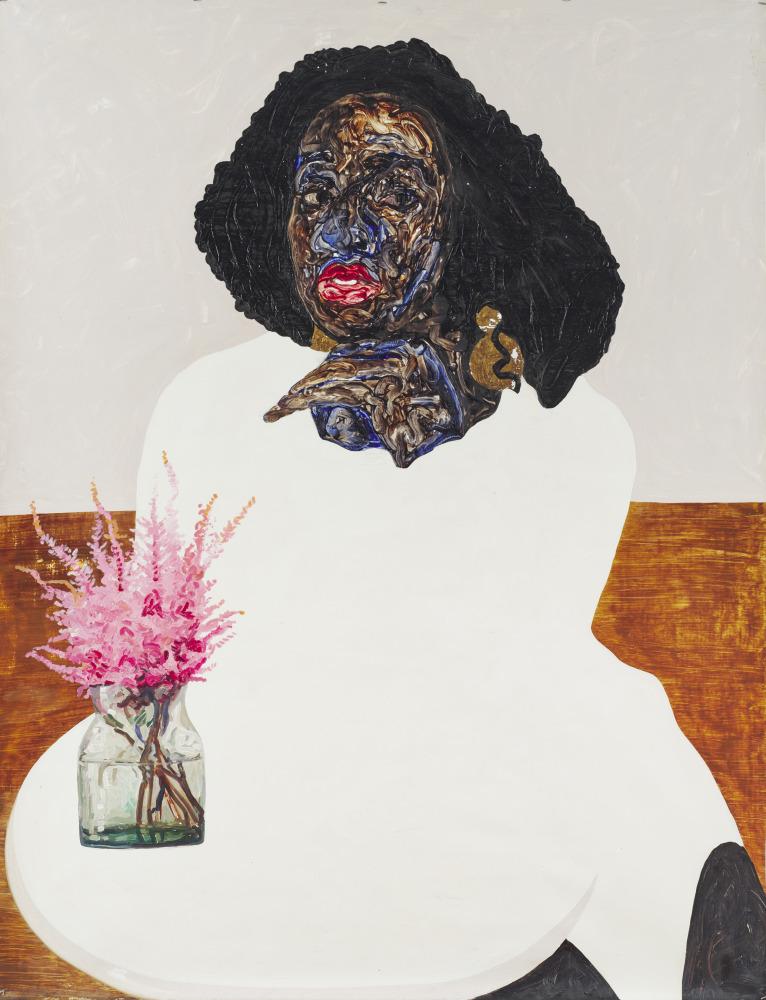 Black woman in white clothing next to a vase containing pink flowers