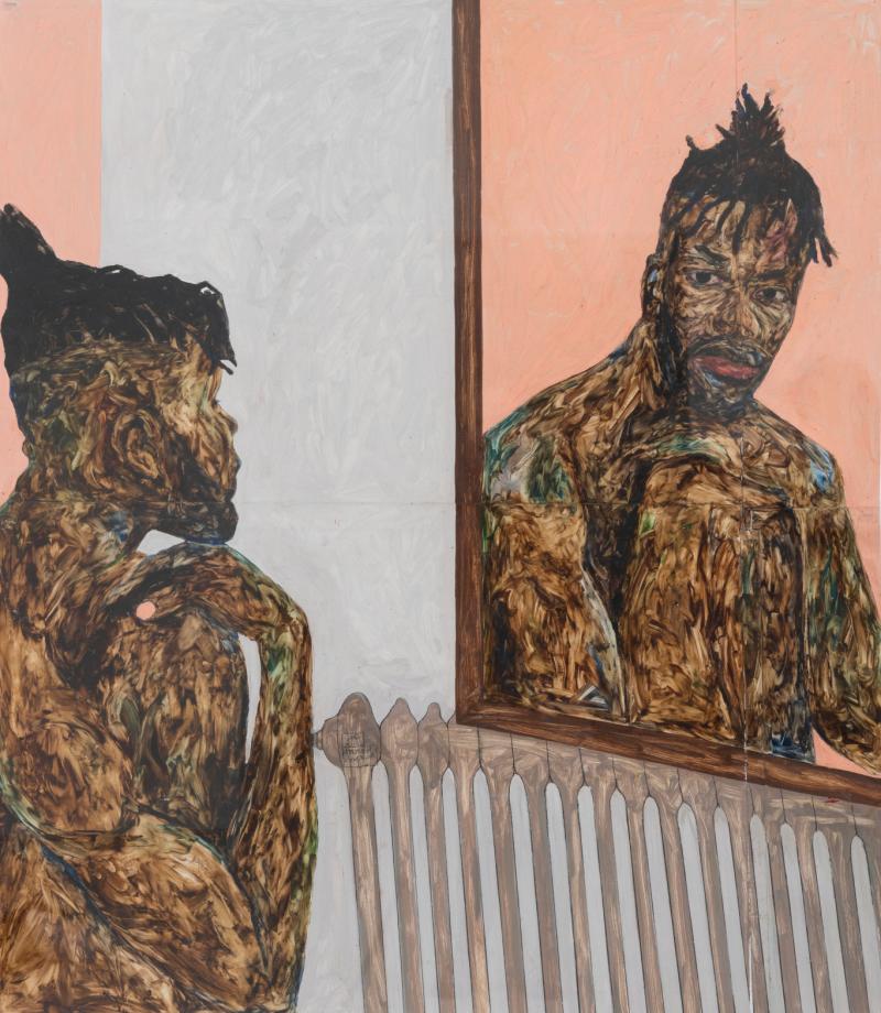 Painting of a Black man looking at himself in the mirror