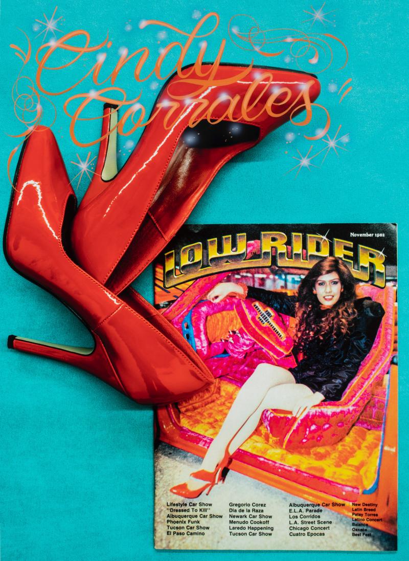 Promotional poster featuring a woman sitting in a low rider alongside large red high heels