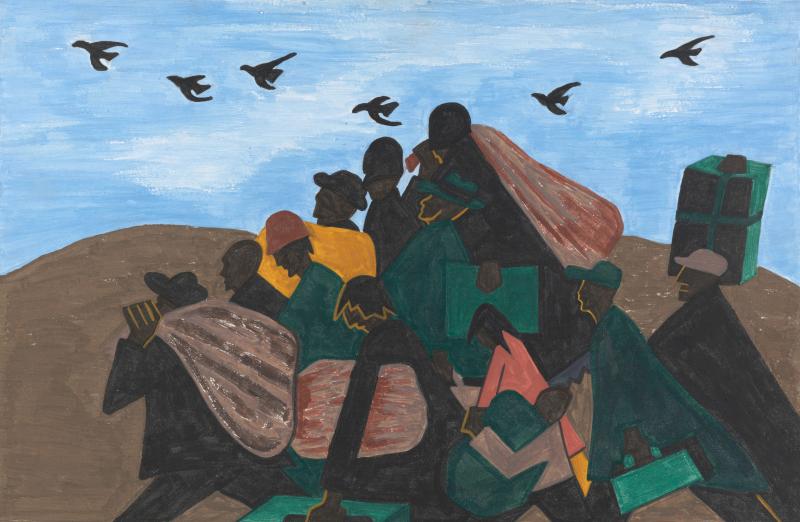 Group of migrants walking across a landscape with their belongings, with a flock of birds overhead