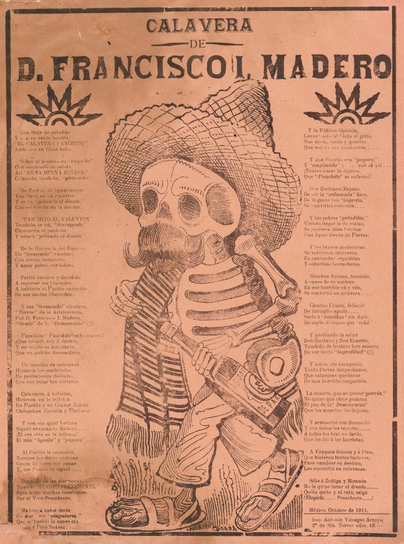 Poster featuring text and drawing of Calavera of D. Francisco Madero as a skeleton in a cowboy hat