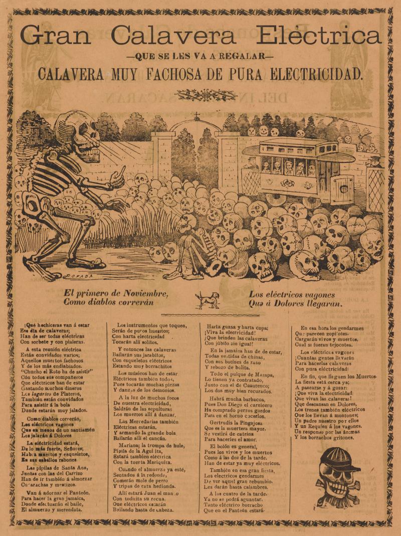 Poster with text and drawing of a group of skeletons vying to board a train