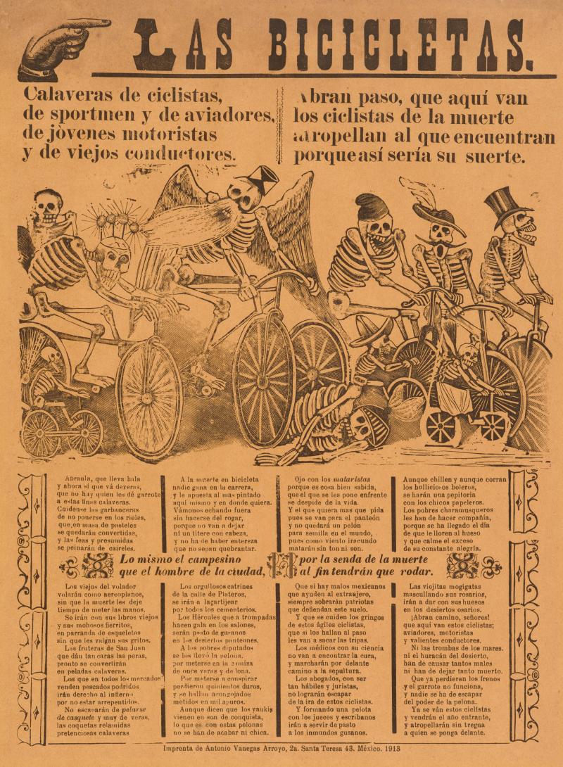 Poster with text and a drawing of a group of skeletons riding bicycles