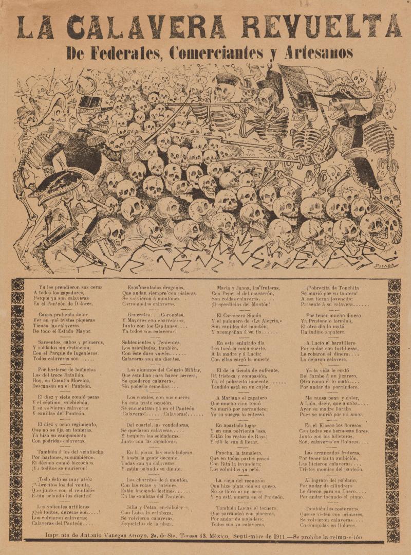 Poster with text and drawing of a group of skeletons engaged in a revolt