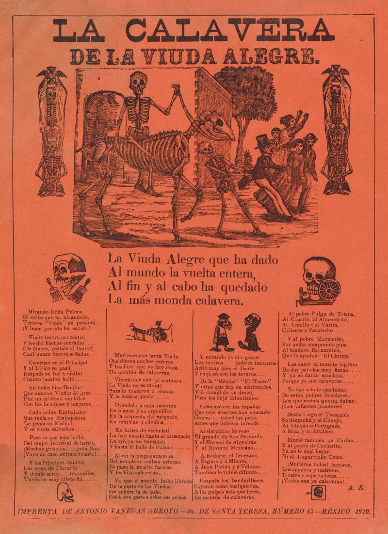 Poster with text and drawings of a calvary lead by a skeleton on a skeletal horse