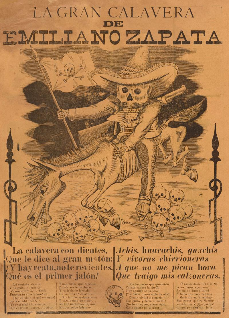 Poster with text and a cartoon-like drawing of a skeletal man riding a horse