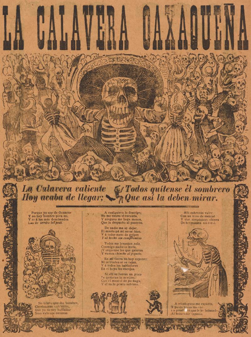 Poster and text with a large drawing of a skeleton in a cowboy hat in the center