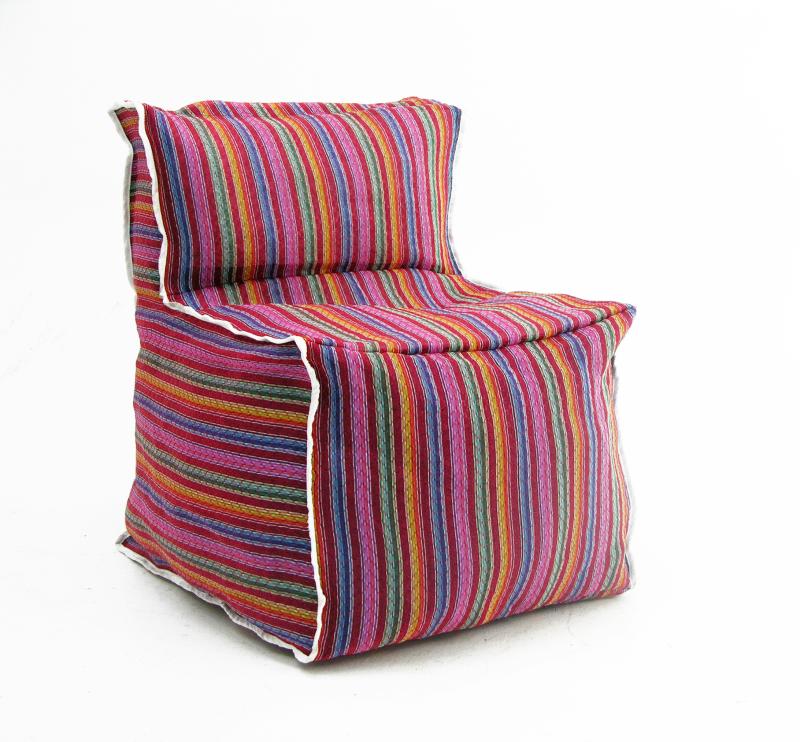 Red striped small sitting chair made out of mesh fabric