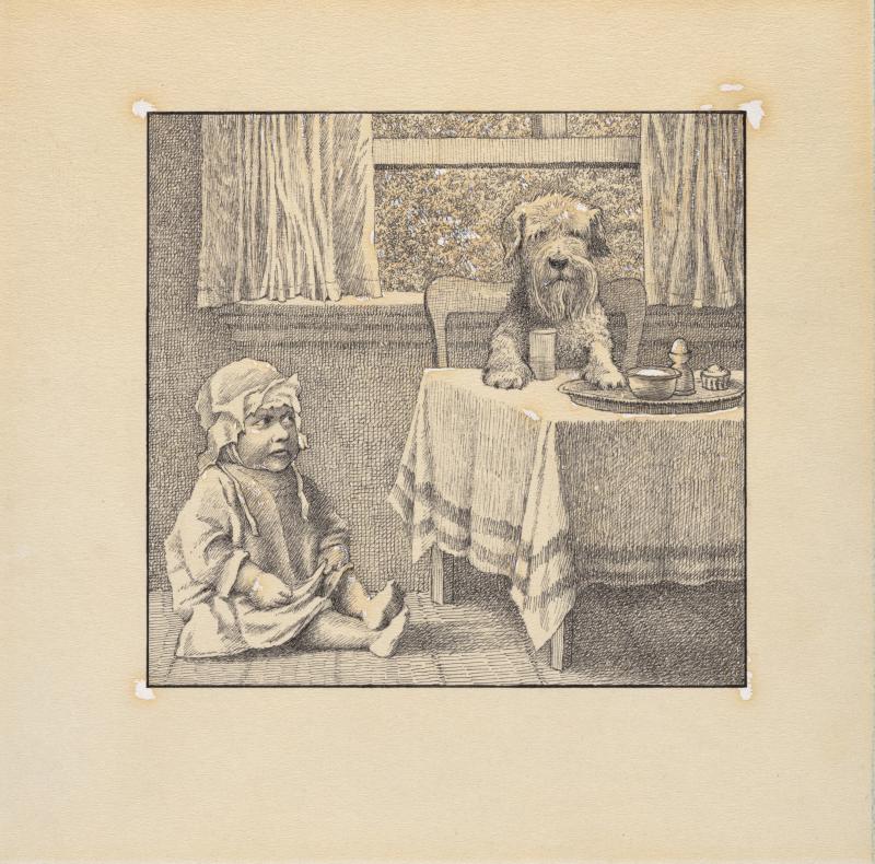 Gray ink drawing of a child on the floor and a dog at the table