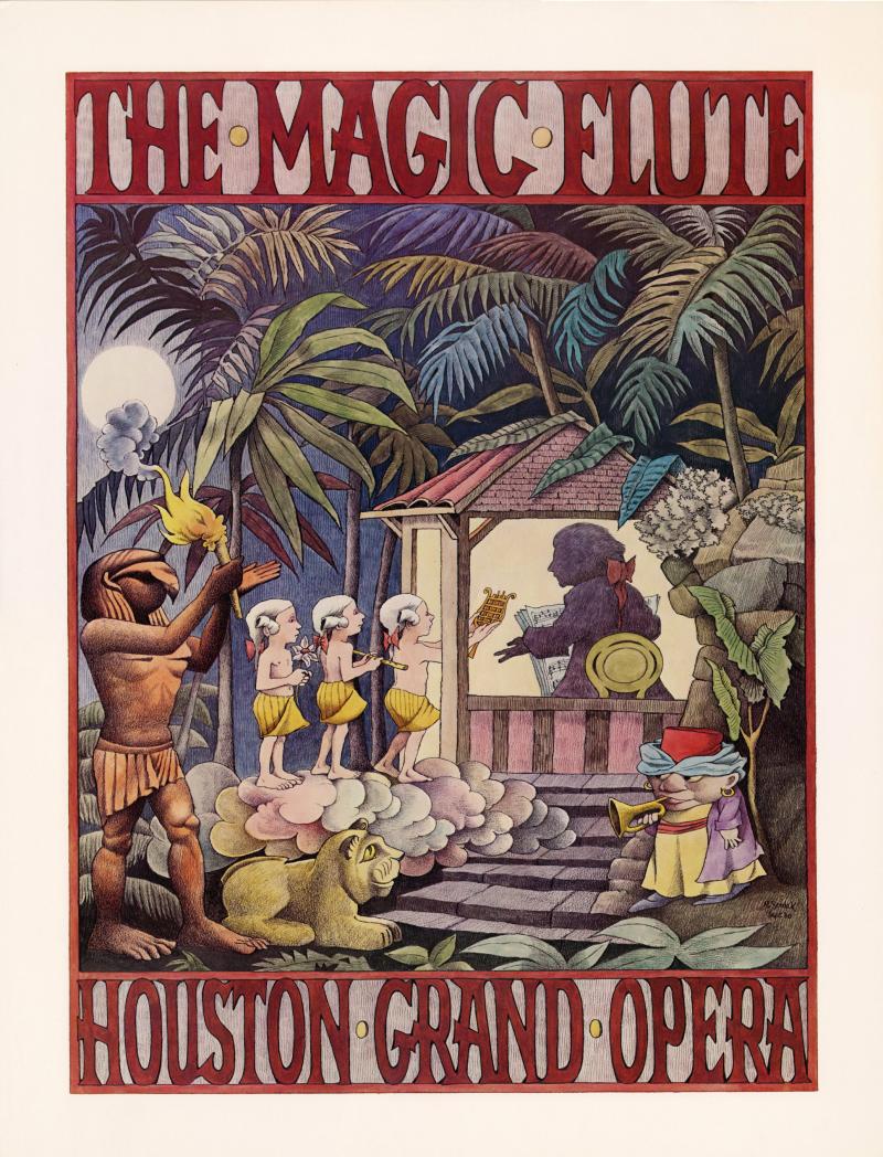 Poster for the Magic Flute depiciting a tropical setting and a children queueing up to a hut