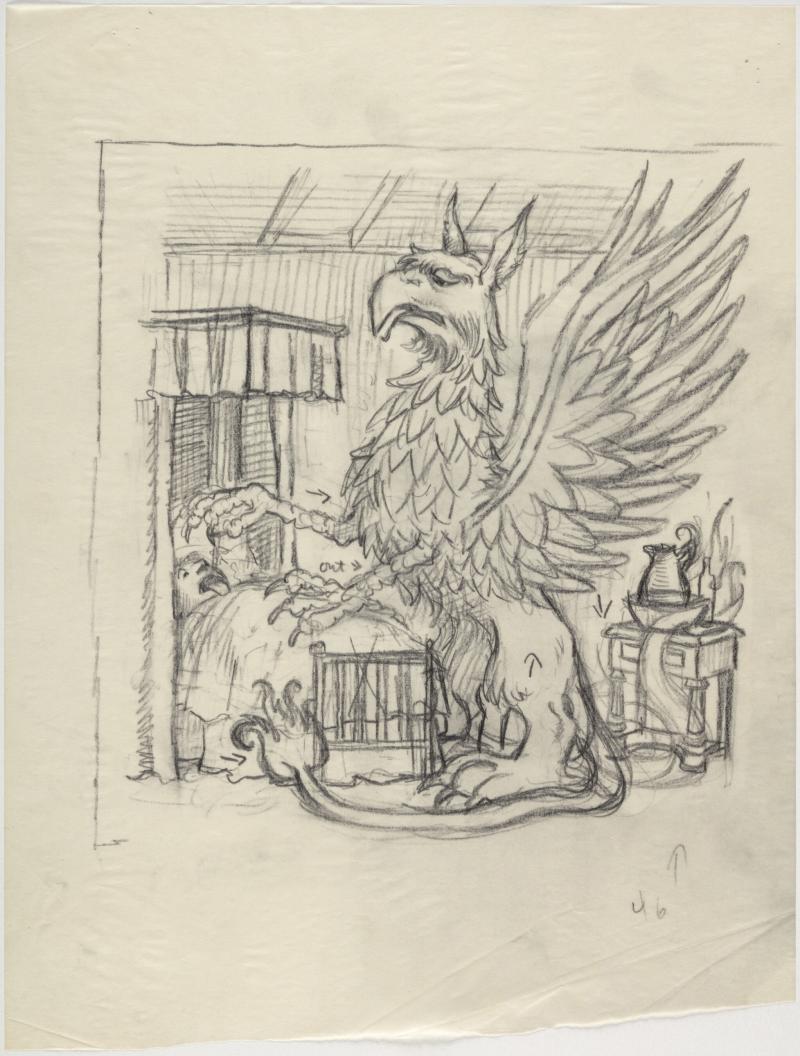 Pencil sketch of a large mythical griffon creature lording over a figure in bed