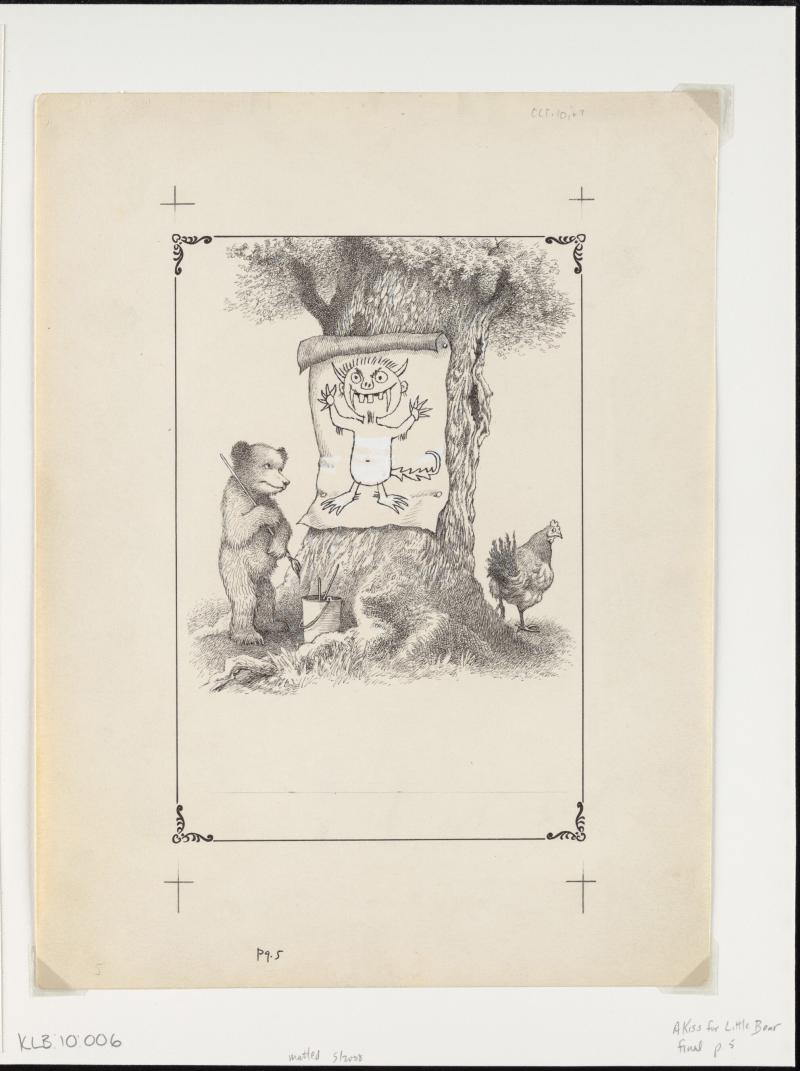 Pencil sketch of a cartoon bear looking at a drawing of a wild thing posted to a tree