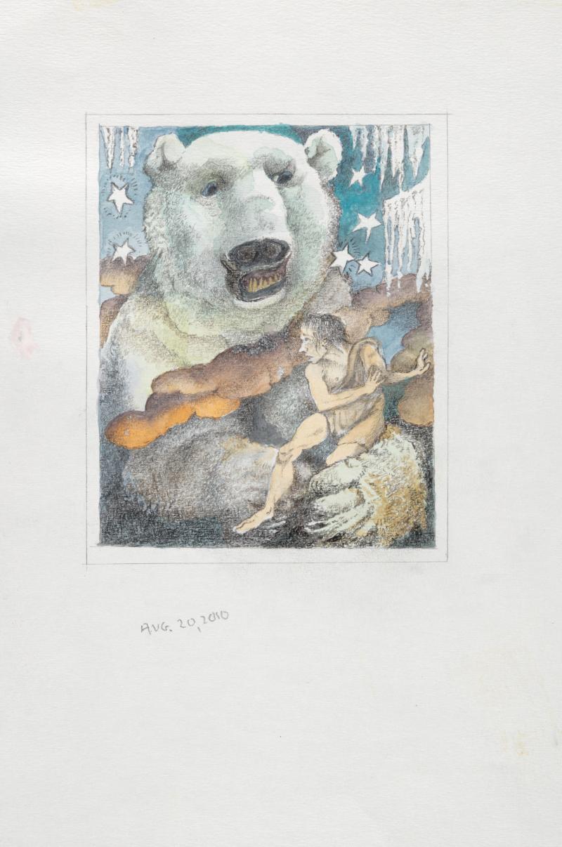 Watercolor book cover of a man in the grasp of a large polar bear